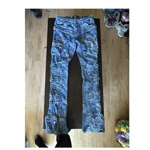 Guapi Men's Slim Fit Cargo Jeans Blue Floral Denim Pockets Size 32 Regular